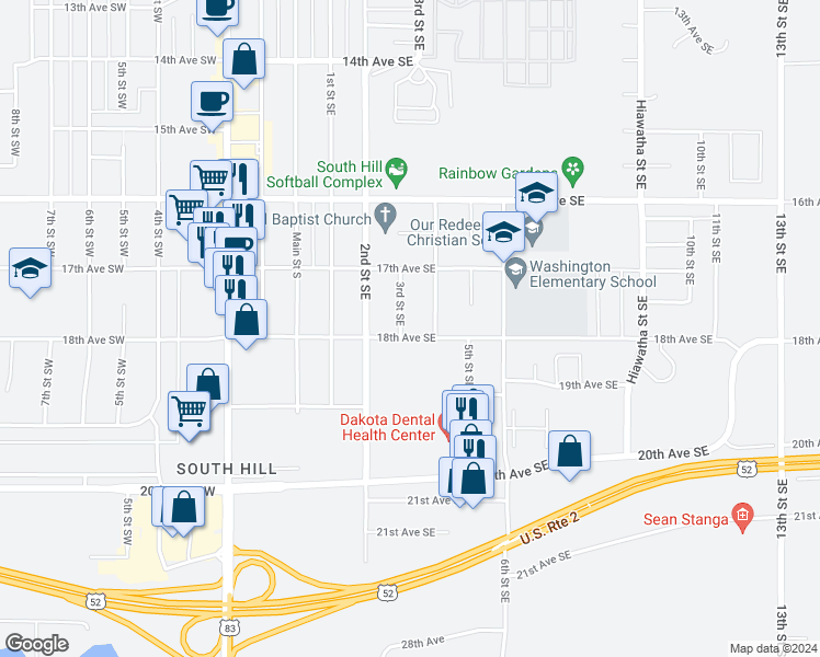 map of restaurants, bars, coffee shops, grocery stores, and more near 305 18th Avenue Southeast in Minot