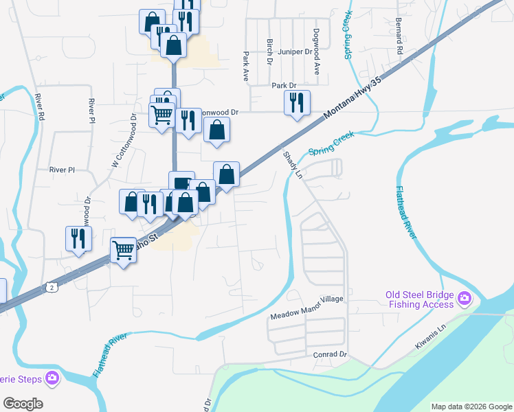 map of restaurants, bars, coffee shops, grocery stores, and more near 115 South Cedar Drive in Kalispell