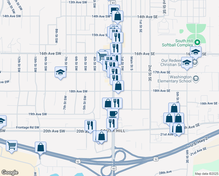map of restaurants, bars, coffee shops, grocery stores, and more near 1800 South Broadway in Minot
