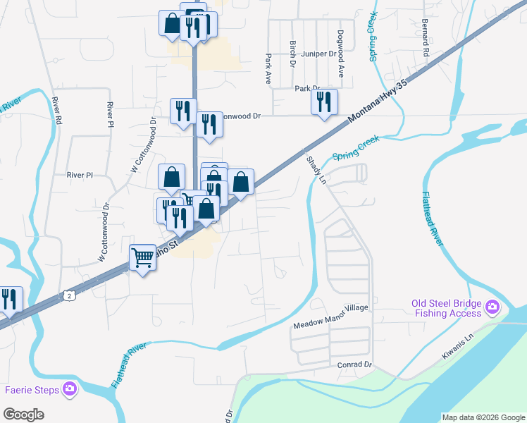map of restaurants, bars, coffee shops, grocery stores, and more near 115 South Cedar Drive in Kalispell