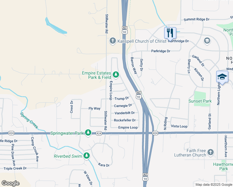 map of restaurants, bars, coffee shops, grocery stores, and more near 18 Trump Drive in Kalispell