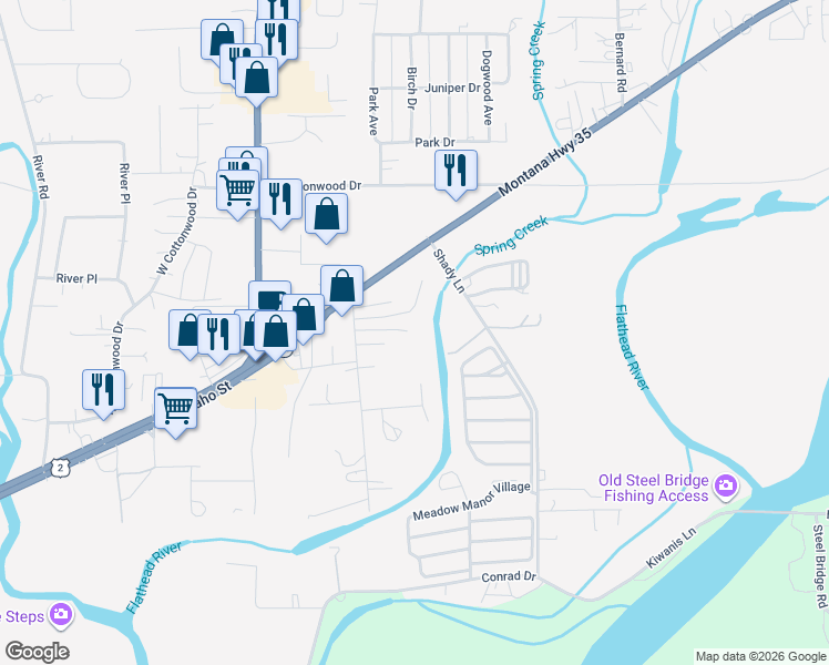 map of restaurants, bars, coffee shops, grocery stores, and more near 115 South Cedar Drive in Kalispell