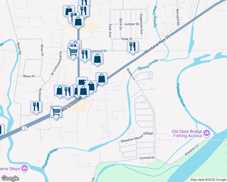 map of restaurants, bars, coffee shops, grocery stores, and more near 119 South Cedar Drive in Kalispell