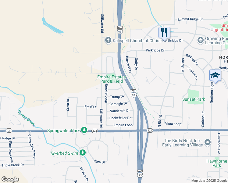 map of restaurants, bars, coffee shops, grocery stores, and more near 18 Trump Drive in Kalispell