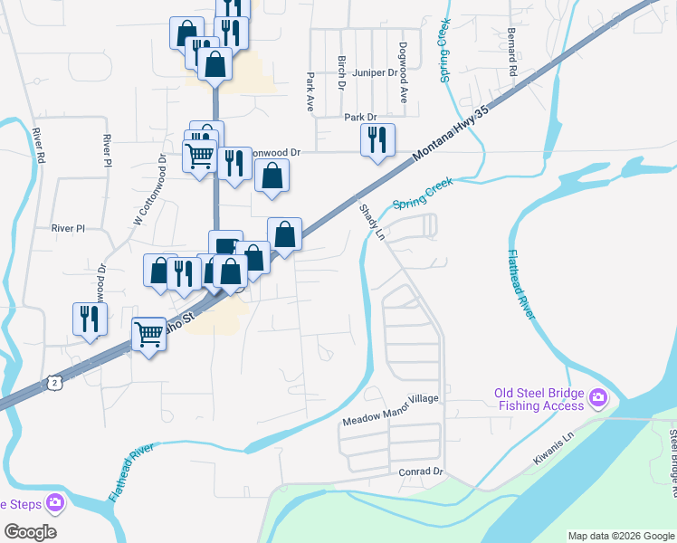 map of restaurants, bars, coffee shops, grocery stores, and more near 115 South Cedar Drive in Kalispell