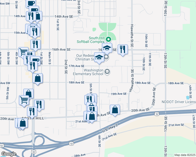 map of restaurants, bars, coffee shops, grocery stores, and more near 504 18th Avenue Southeast in Minot