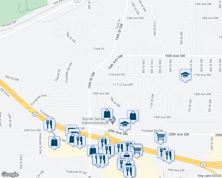 map of restaurants, bars, coffee shops, grocery stores, and more near 1800-1808 14th St SW in Minot