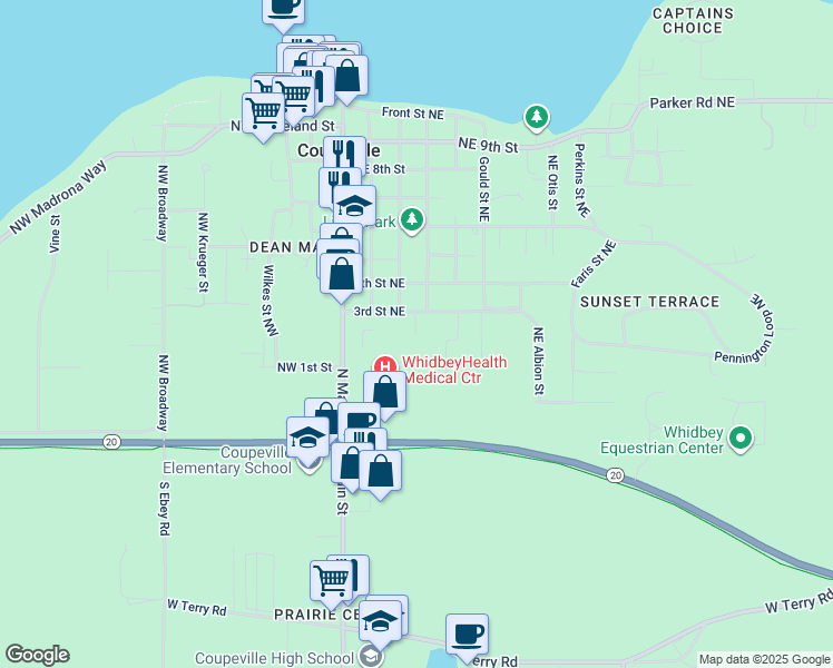 map of restaurants, bars, coffee shops, grocery stores, and more near 201 3rd Street Northeast in Coupeville