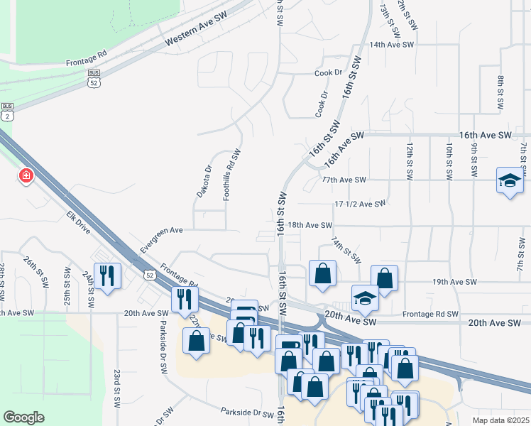map of restaurants, bars, coffee shops, grocery stores, and more near 1800 16th Street Southwest in Minot