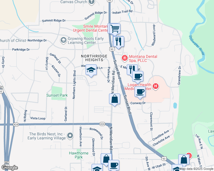 map of restaurants, bars, coffee shops, grocery stores, and more near 6 Parkway Drive in Kalispell