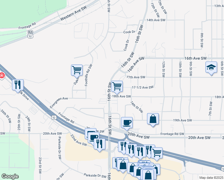map of restaurants, bars, coffee shops, grocery stores, and more near 1800 16th Street Southwest in Minot