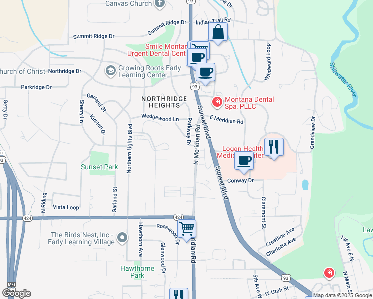 map of restaurants, bars, coffee shops, grocery stores, and more near 6 Parkway Drive in Kalispell