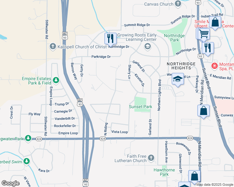 map of restaurants, bars, coffee shops, grocery stores, and more near 163 North Riding Road in Kalispell