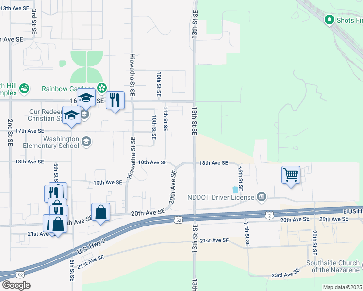 map of restaurants, bars, coffee shops, grocery stores, and more near 1720 13th Street Southeast in Minot