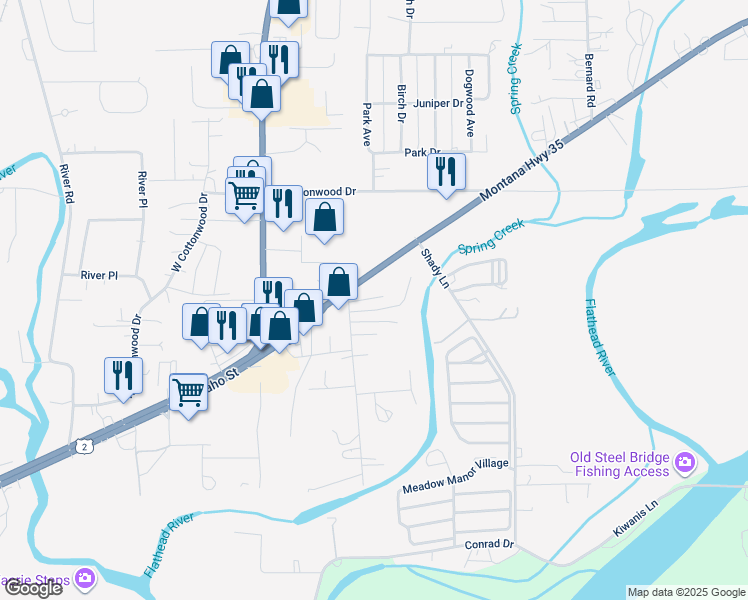 map of restaurants, bars, coffee shops, grocery stores, and more near 1470 Montana 35 in Kalispell