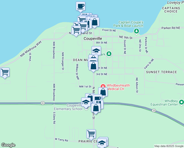 map of restaurants, bars, coffee shops, grocery stores, and more near 304 North Main Street in Coupeville