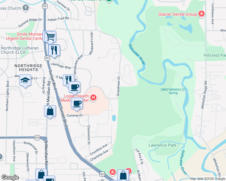 map of restaurants, bars, coffee shops, grocery stores, and more near 19 Glacier View Drive in Kalispell