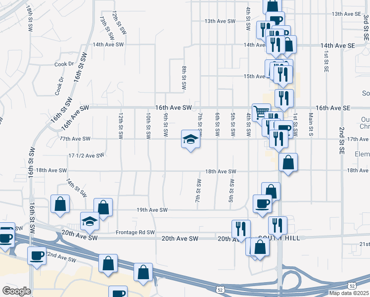 map of restaurants, bars, coffee shops, grocery stores, and more near 701 17th Avenue Southwest in Minot