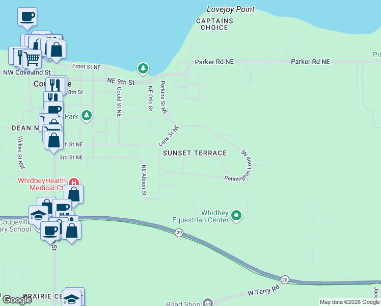 map of restaurants, bars, coffee shops, grocery stores, and more near 1045 Northeast Summit Loop in Coupeville