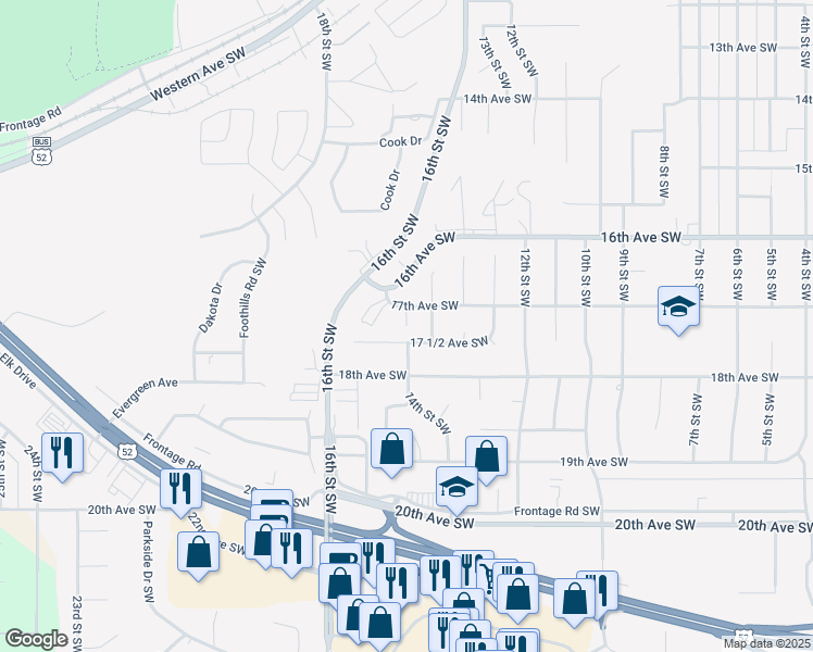 map of restaurants, bars, coffee shops, grocery stores, and more near 998 14th Street Southwest in Minot