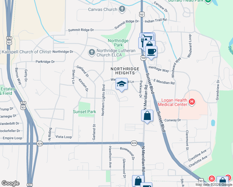 map of restaurants, bars, coffee shops, grocery stores, and more near 299 Northwest Lane in Kalispell