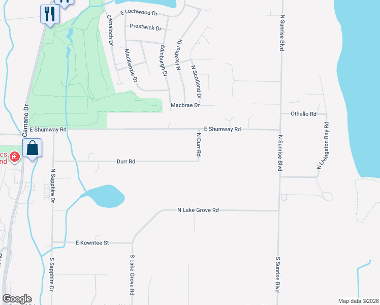 map of restaurants, bars, coffee shops, grocery stores, and more near 365 Durr Road in Camano