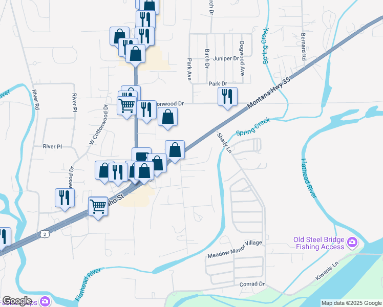 map of restaurants, bars, coffee shops, grocery stores, and more near 1470 Montana Highway 35 in Kalispell