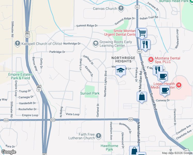 map of restaurants, bars, coffee shops, grocery stores, and more near 202 Garland Street in Kalispell