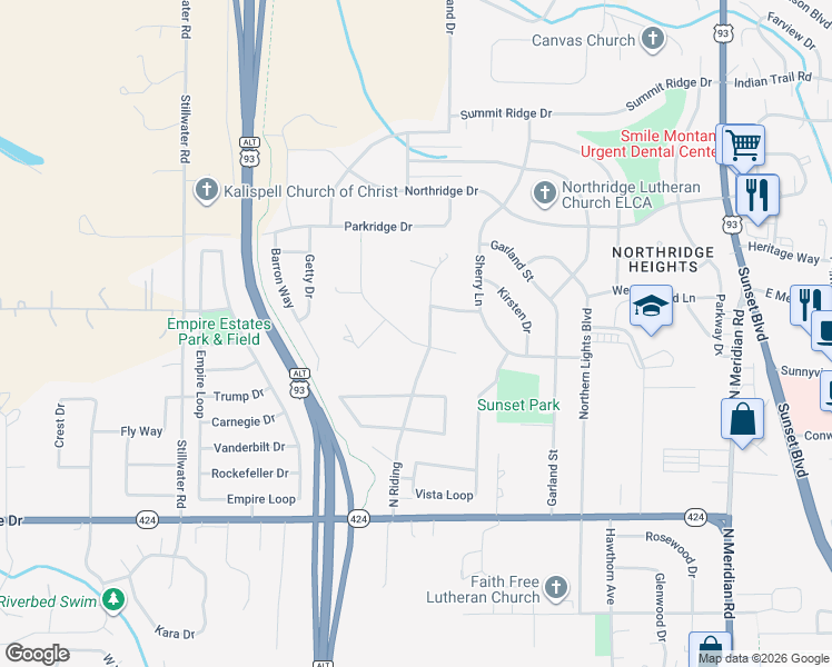map of restaurants, bars, coffee shops, grocery stores, and more near 203 Fox Hill Drive in Kalispell
