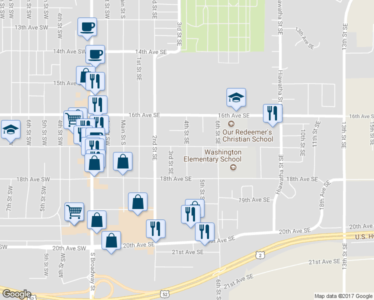 map of restaurants, bars, coffee shops, grocery stores, and more near 1711 4th Street Southeast in Minot