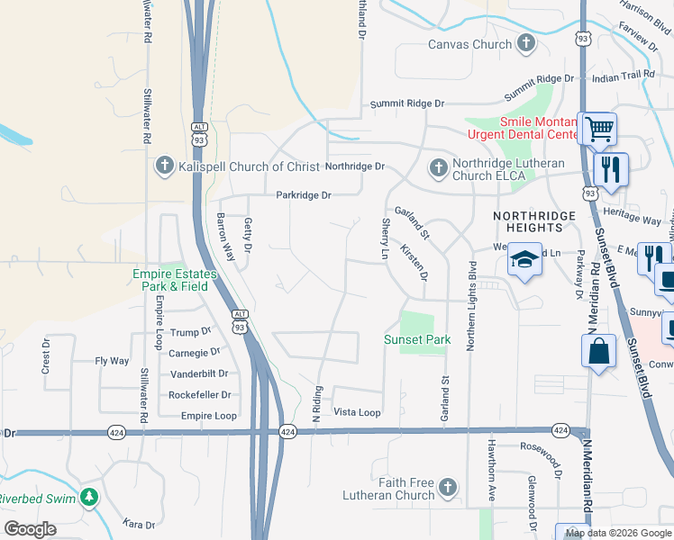 map of restaurants, bars, coffee shops, grocery stores, and more near 203 Fox Hill Drive in Kalispell