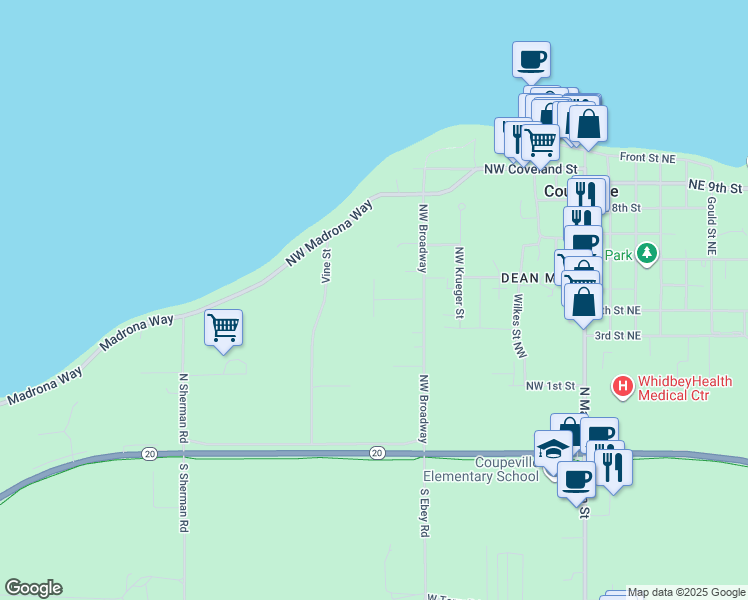 map of restaurants, bars, coffee shops, grocery stores, and more near Northwest 4th Street in Coupeville