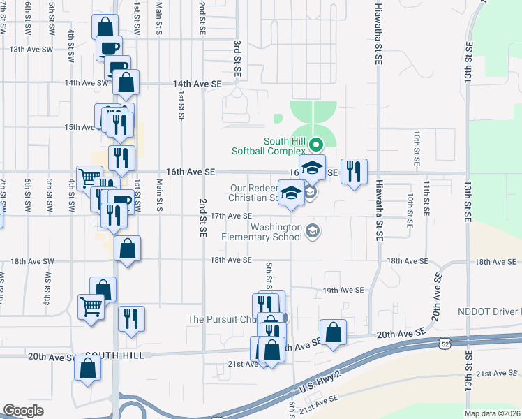 map of restaurants, bars, coffee shops, grocery stores, and more near 1711 4th Street Southeast in Minot
