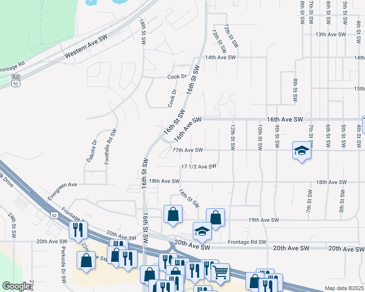map of restaurants, bars, coffee shops, grocery stores, and more near 100-998 14th Street Southwest in Minot