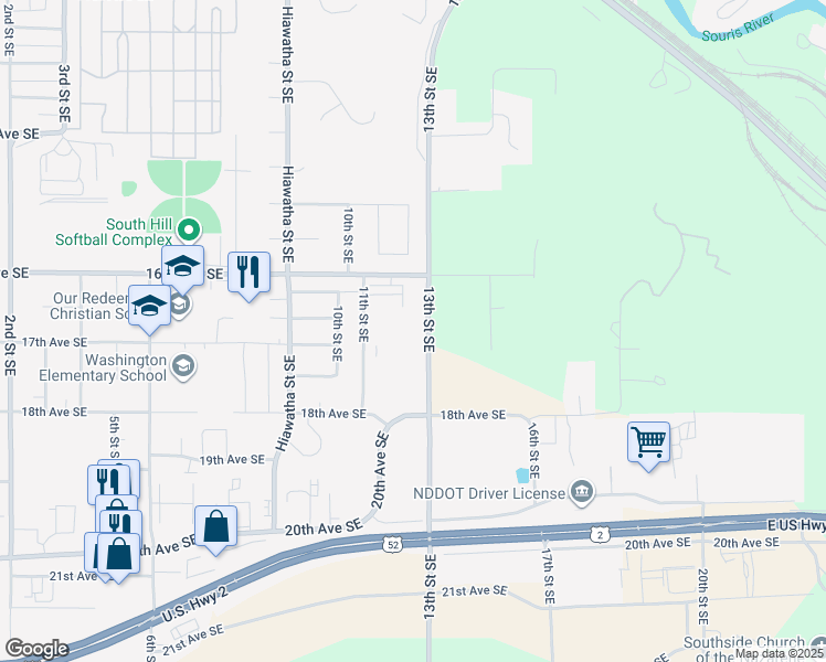 map of restaurants, bars, coffee shops, grocery stores, and more near 1720 13th Street Southeast in Minot