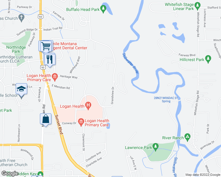 map of restaurants, bars, coffee shops, grocery stores, and more near 92 Grandview Drive in Kalispell