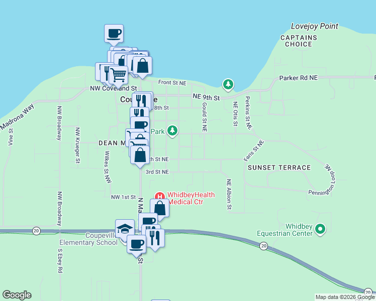 map of restaurants, bars, coffee shops, grocery stores, and more near 305 6th Street Northeast in Coupeville