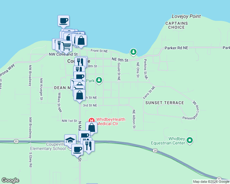 map of restaurants, bars, coffee shops, grocery stores, and more near 405 5th Street Northeast in Coupeville
