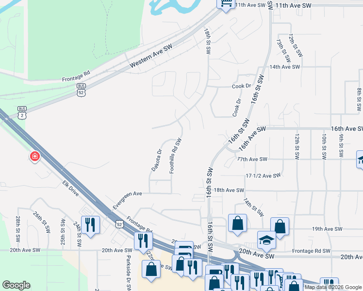 map of restaurants, bars, coffee shops, grocery stores, and more near 1627 Dakota Drive in Minot