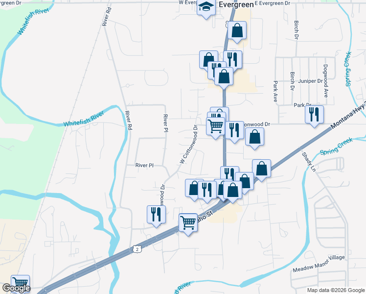 map of restaurants, bars, coffee shops, grocery stores, and more near 35 West Cottonwood Drive in Kalispell