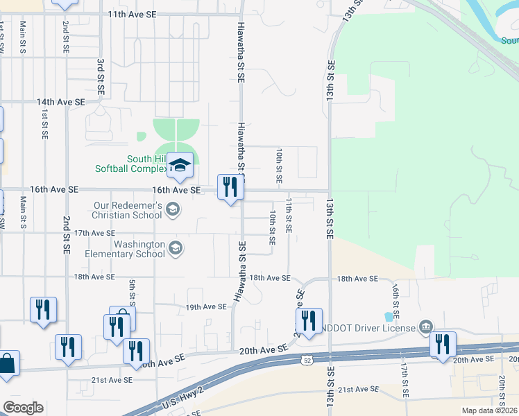 map of restaurants, bars, coffee shops, grocery stores, and more near 906 Sycamore Avenue Southeast in Minot