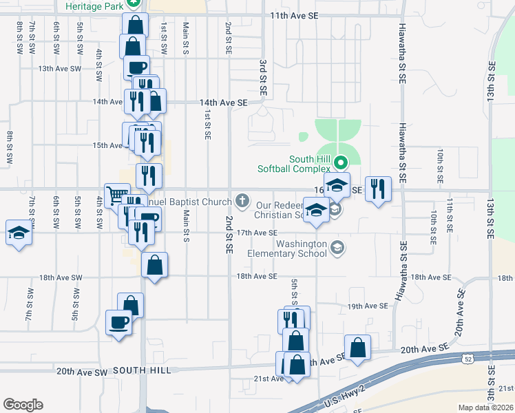 map of restaurants, bars, coffee shops, grocery stores, and more near 1614 Elmwood Drive Southeast in Minot