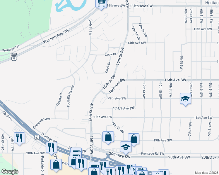 map of restaurants, bars, coffee shops, grocery stores, and more near 1522 16th Avenue Southwest in Minot