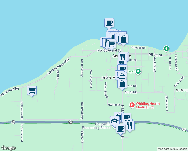 map of restaurants, bars, coffee shops, grocery stores, and more near 601 Northwest Krueger Street in Coupeville
