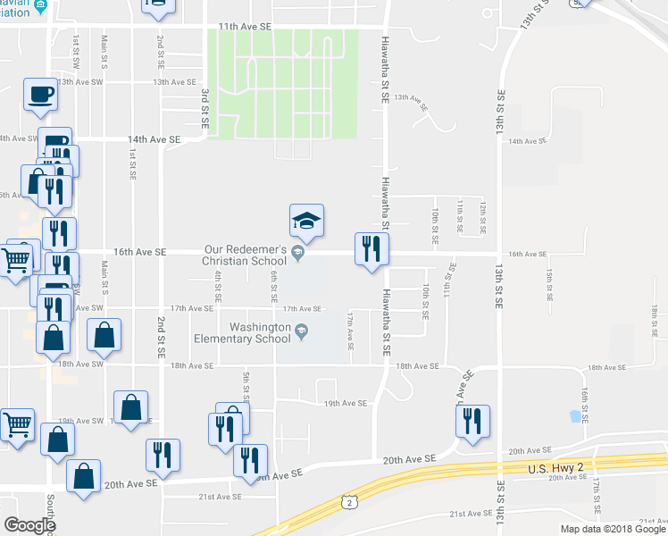 map of restaurants, bars, coffee shops, grocery stores, and more near 706 16th Avenue Southeast in Minot