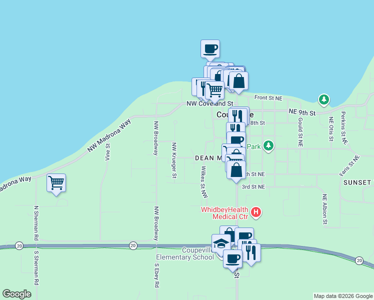 map of restaurants, bars, coffee shops, grocery stores, and more near 601 Northwest Krueger Street in Coupeville