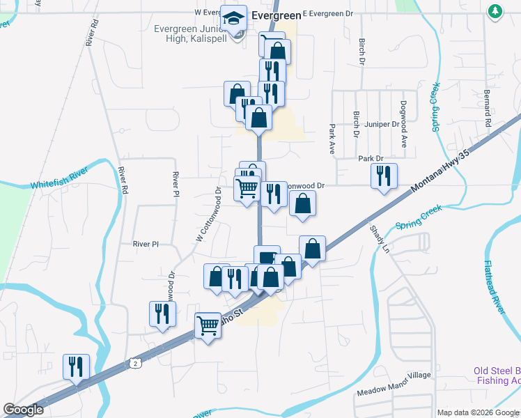 map of restaurants, bars, coffee shops, grocery stores, and more near 2024 U.S. 2 in Kalispell