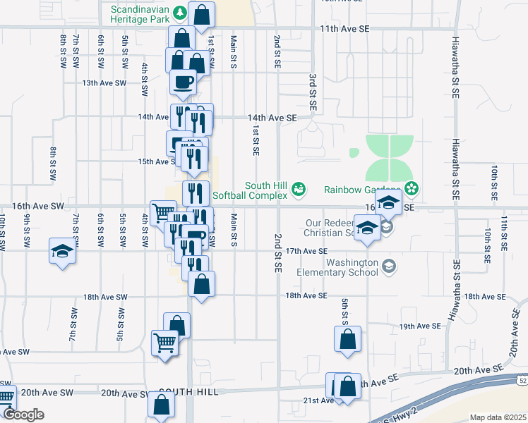 map of restaurants, bars, coffee shops, grocery stores, and more near 106 16th Avenue Southeast in Minot