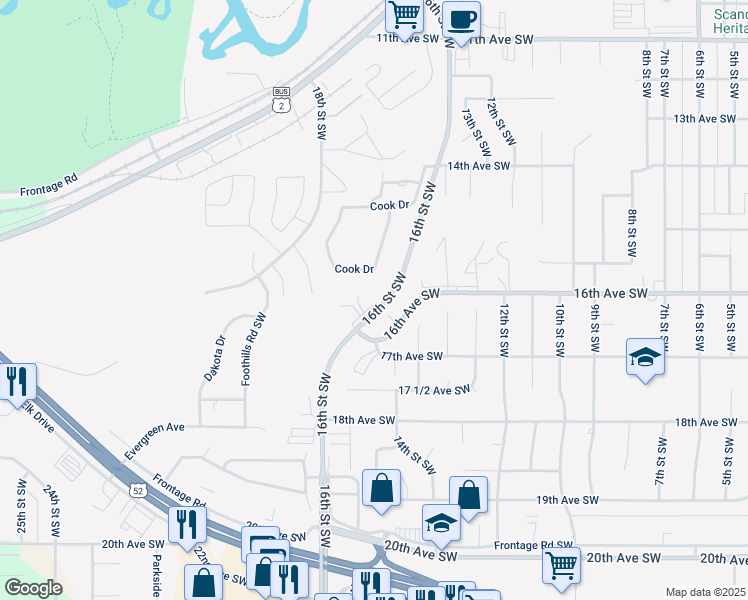 map of restaurants, bars, coffee shops, grocery stores, and more near 1532 16th Street Southwest in Minot