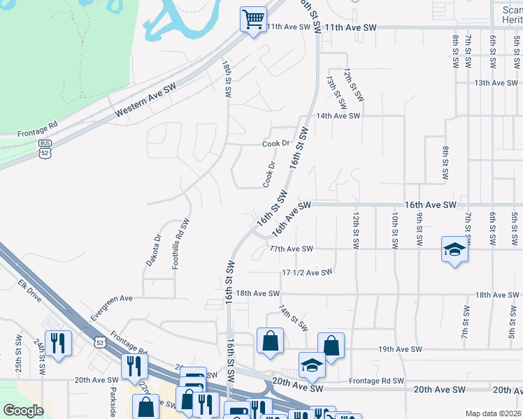 map of restaurants, bars, coffee shops, grocery stores, and more near 1532 16th Street Southwest in Minot
